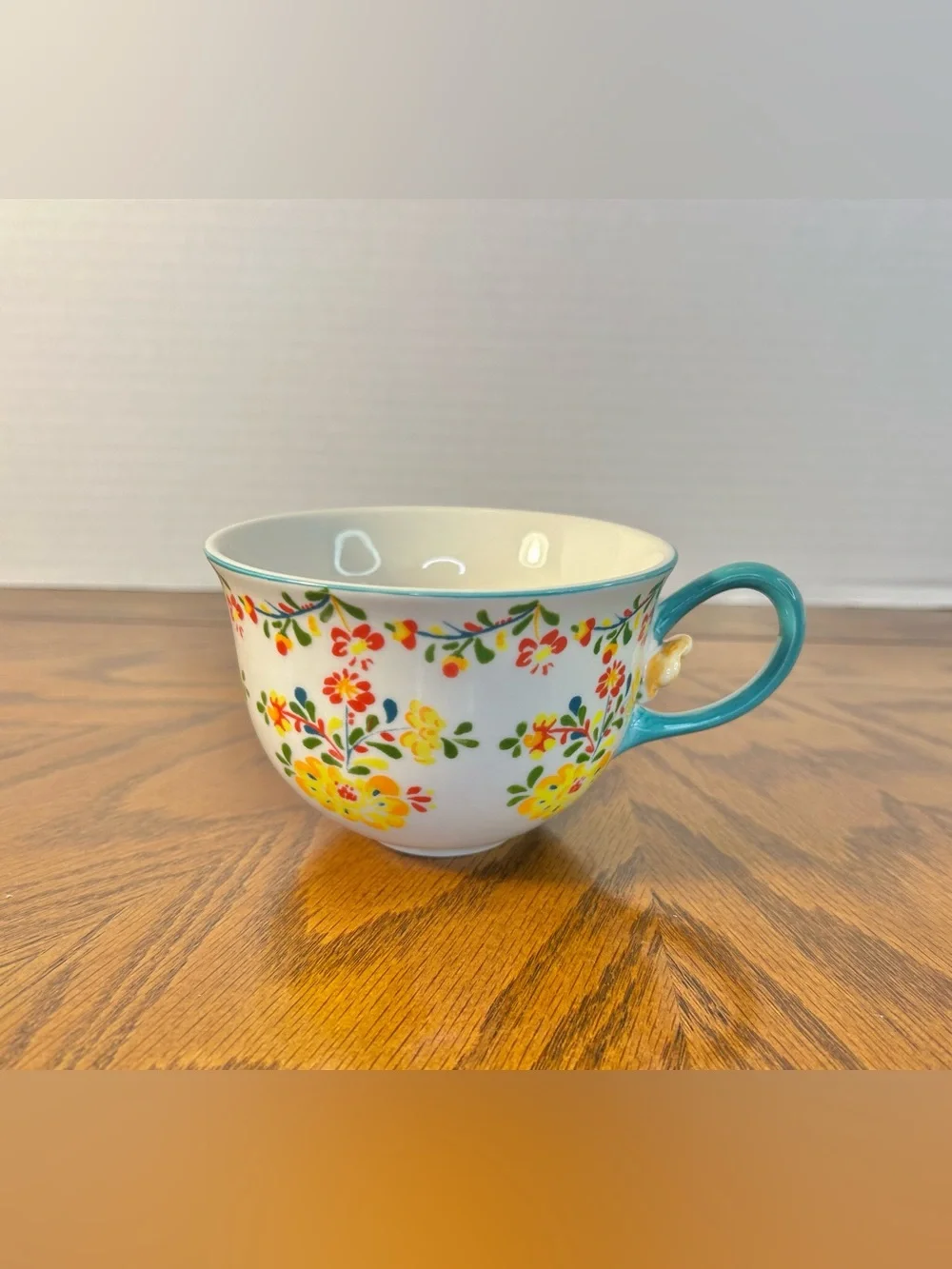 Anthropologie Cadiz Coffee Cup Mug 3D Flower French Country Cottage Core Green